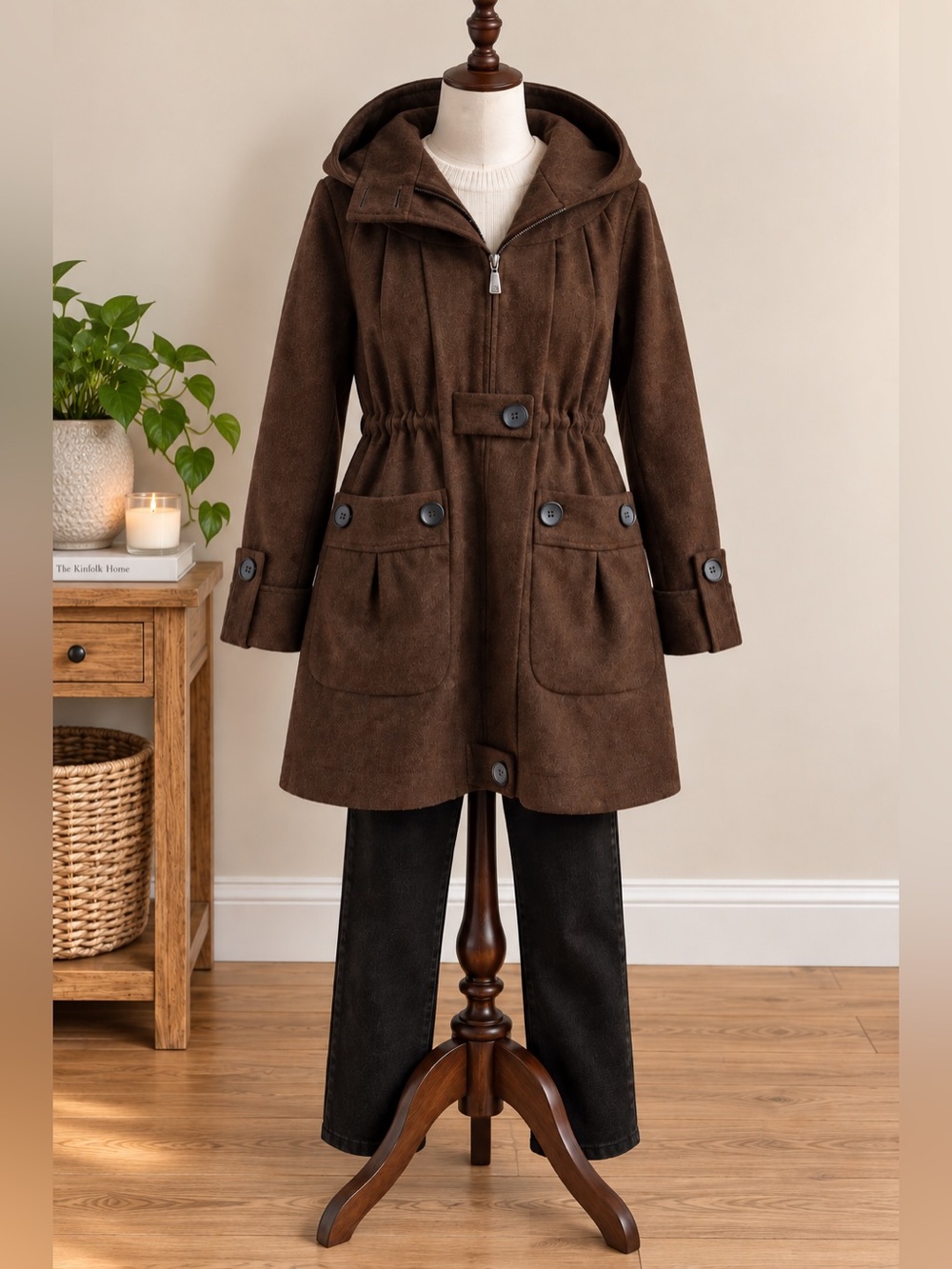 NWT Y2K Suka Chocolate Brown Wool Blend Hooded Coat XL Quiet Luxury Dark Academi
